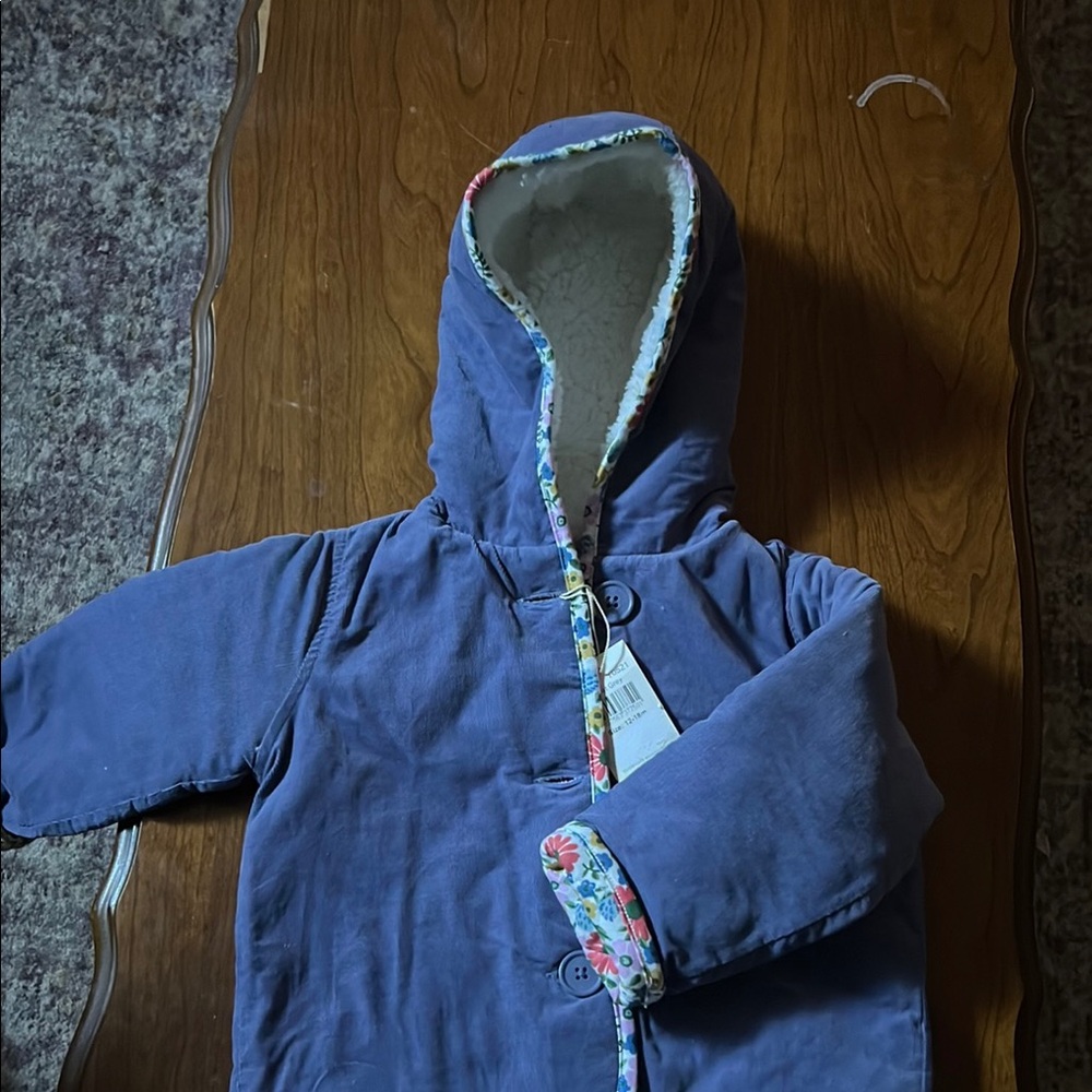 Boden Baby Blue Hooded Jacket with Floral Trim with tags